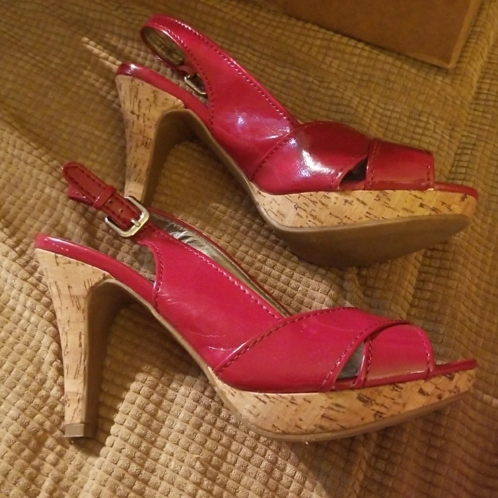 Patent peep toe slingbacks with cork heel